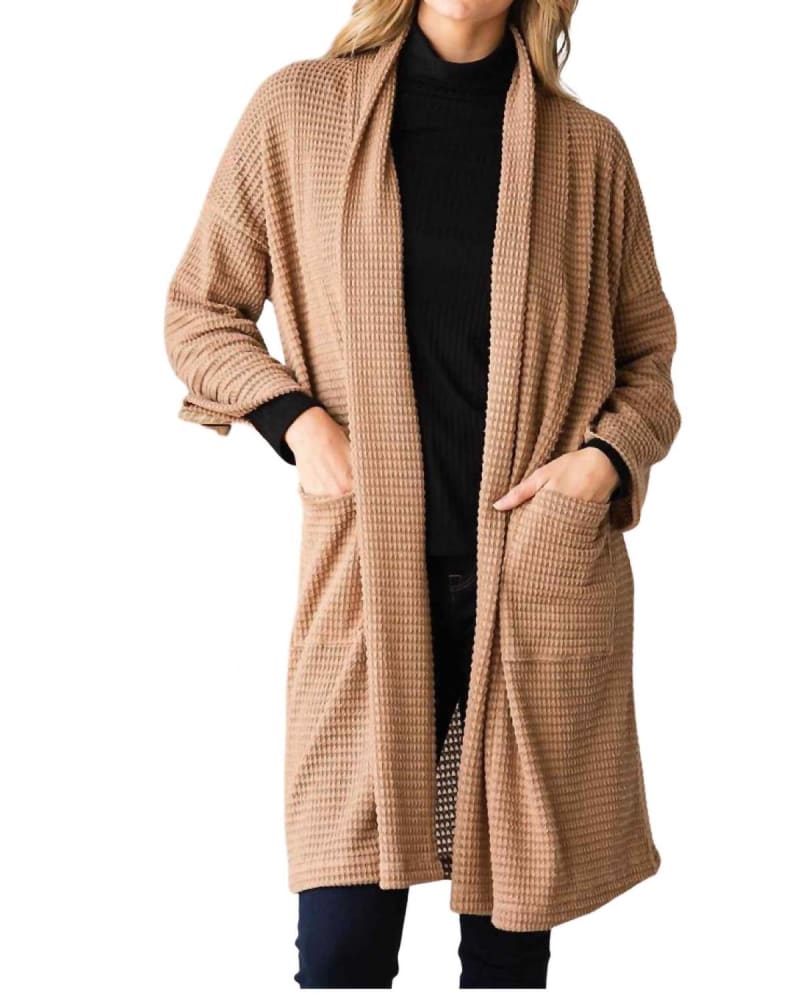 Front of a model wearing a size L Open Front Waffle Cardigan in Taupe in Taupe by CY Fashion. | dia_product_style_image_id:336775